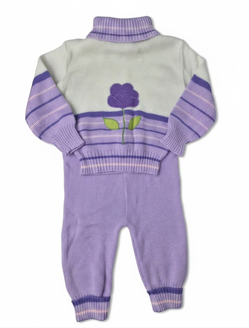 Vintage 2-Piece Knit Turtleneck Sweater & Pants Set Purple Floral Applique